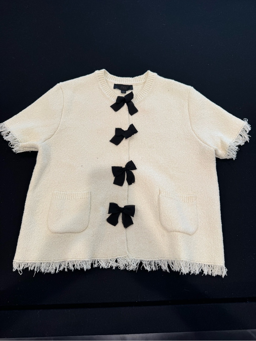 Zara Cream Short-Sleeve Knit Top with Black Bow Details